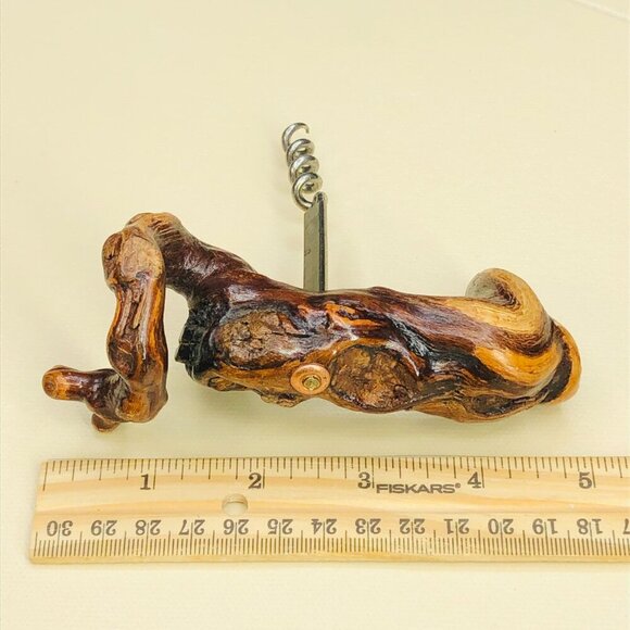 70s Grapevine Burl Wood Cork Screw Vintage Barware Stainless Wine Bottle Opener - Picture 8 of 9